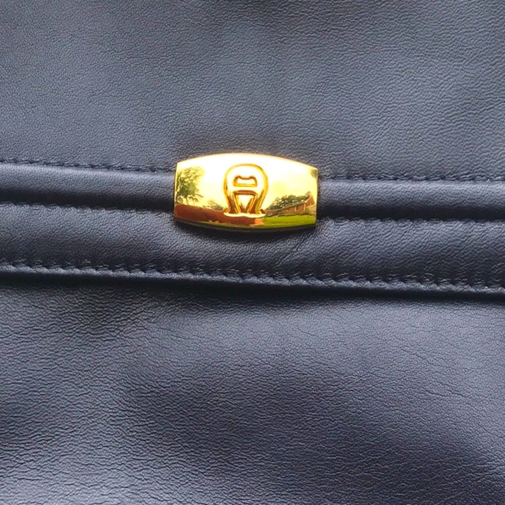 Vintage Etienne Aigner Leather Navy Blue Shoulder Bag with Gold Accents - Picture 3 of 16